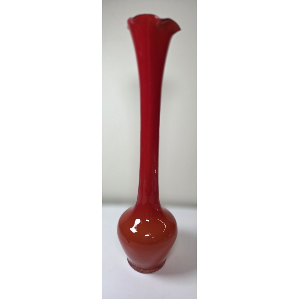 Vintage Hand Blown‎ Glass MCM  Vase Ruffled Top Red Orange